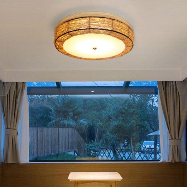 Compact Flush Mount Lighting Covered In Burly wood Wicker - Image 5