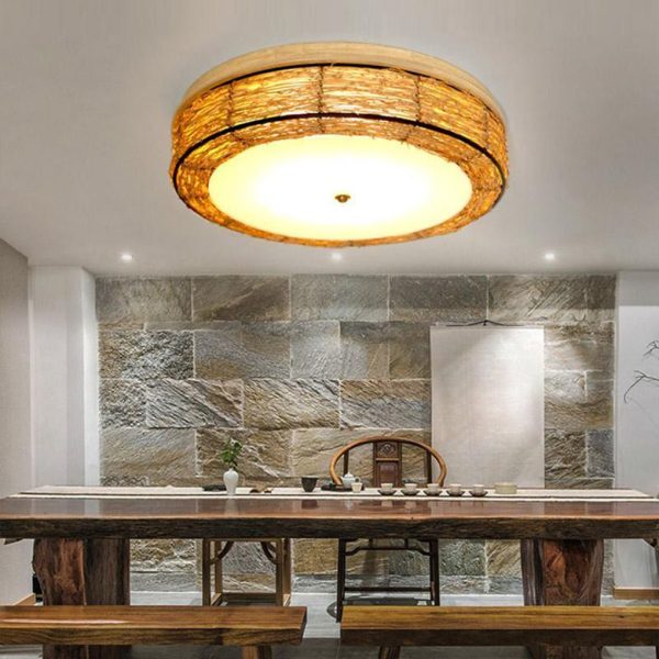 Compact Flush Mount Lighting Covered In Burly wood Wicker - Image 7