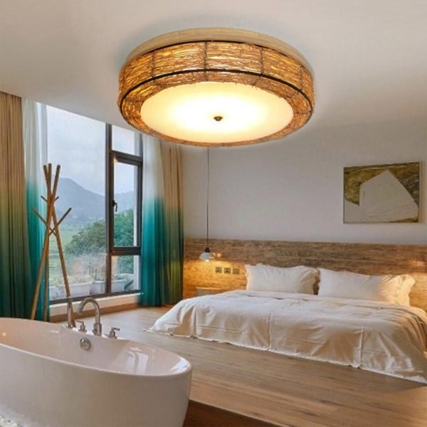 Compact Flush Mount Lighting Covered In Burly wood Wicker - Image 8