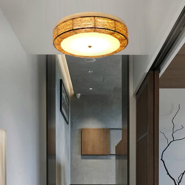 Compact Flush Mount Lighting Covered In Burly wood Wicker - Image 4