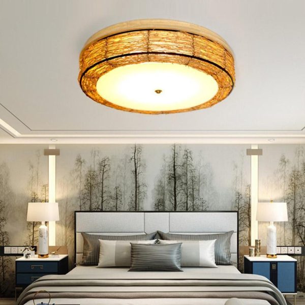 Compact Flush Mount Lighting Covered In Burly wood Wicker - Image 6