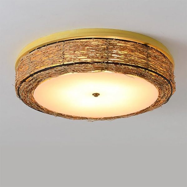 Compact Flush Mount Lighting Covered In Burly wood Wicker - Image 10