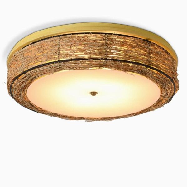 Compact Flush Mount Lighting Covered In Burly wood Wicker - Image 12