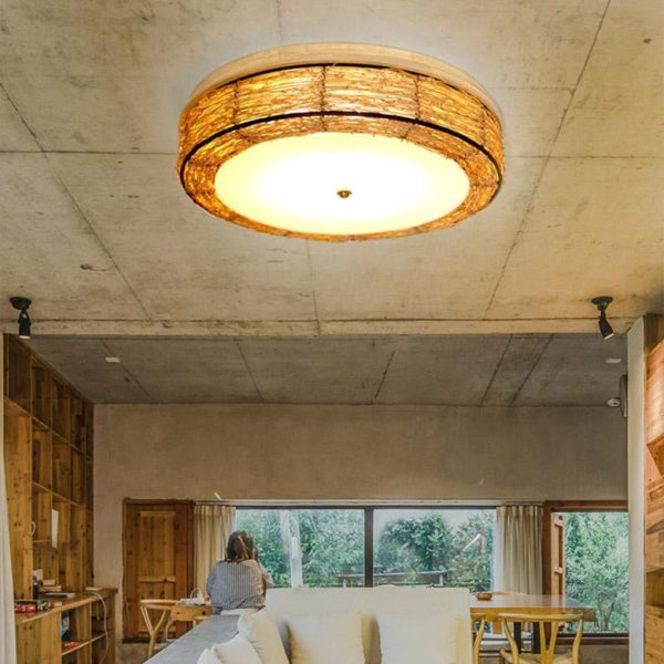 Compact Flush Mount Lighting Covered In Burly wood Wicker - Image 3