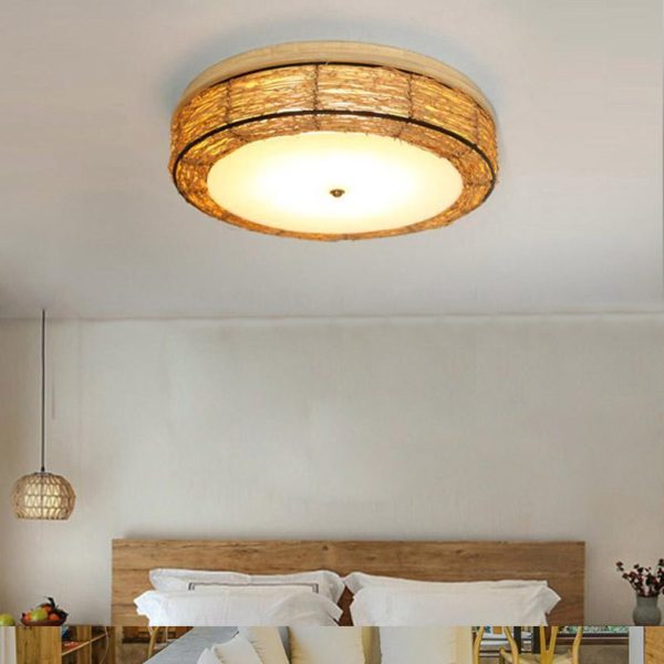 Compact Flush Mount Lighting Covered In Burly wood Wicker - Image 2