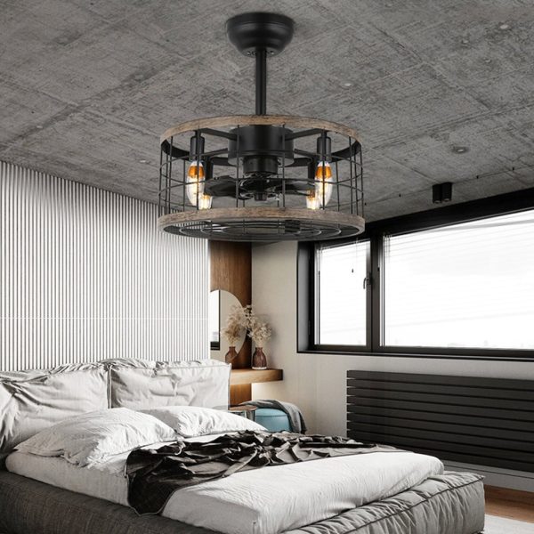 Creative Retro Industrial Style Wrought Iron Cage Noiseless Fan Chandelier - Image 2