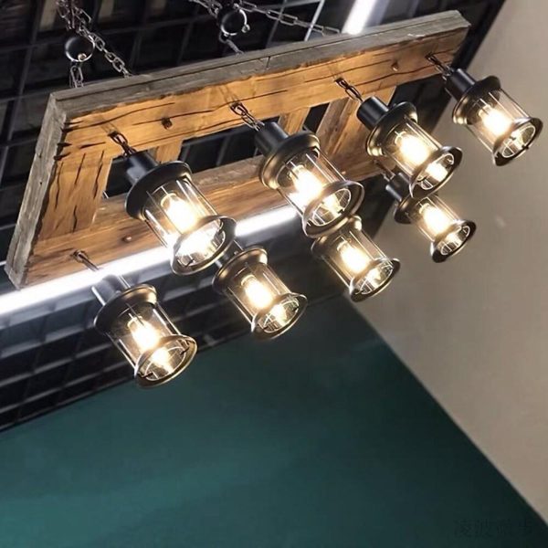 8-light Vintage Wood Glass Lantern LED Farmhouse Chandeliers Hanging Lamp - Image 7