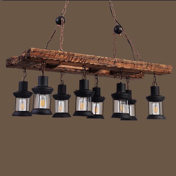 8-light Vintage Wood Glass Lantern LED Farmhouse Chandeliers Hanging Lamp - Image 6