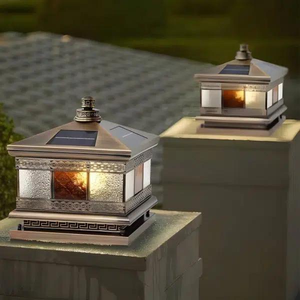 European Square Hardwired/Solar Copper Outdoor Column Light with Glass Shade - Bronze - Image 3