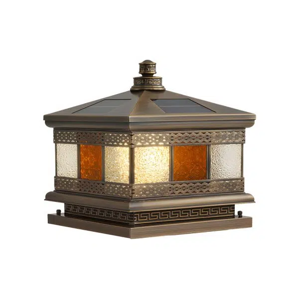 European Square Hardwired/Solar Copper Outdoor Column Light with Glass Shade - Bronze - Image 9