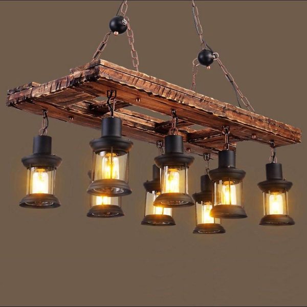 8-light Vintage Wood Glass Lantern LED Farmhouse Chandeliers Hanging Lamp - Image 5