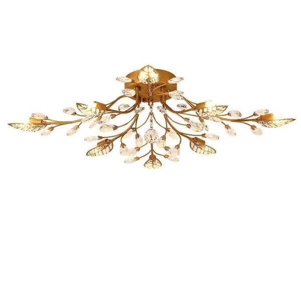 Vintage Crystal Branches Leaf Semi-Flush Mount Chandelier | 8-Light LED, 31.19'' Wide, Antique Brass - Image 3