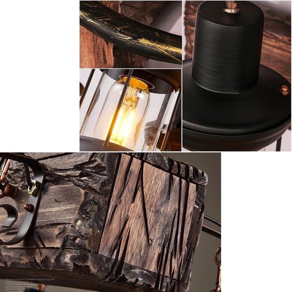 8-light Vintage Wood Glass Lantern LED Farmhouse Chandeliers Hanging Lamp - Image 8