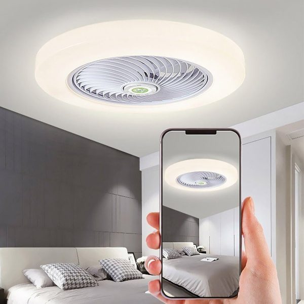 Modern Flush Mount Bladeless Enclosed Ceiling Fan with Round Bright LED Lighting and Remote - Image 4