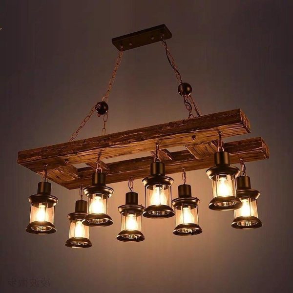 8-light Vintage Wood Glass Lantern LED Farmhouse Chandeliers Hanging Lamp - Image 3