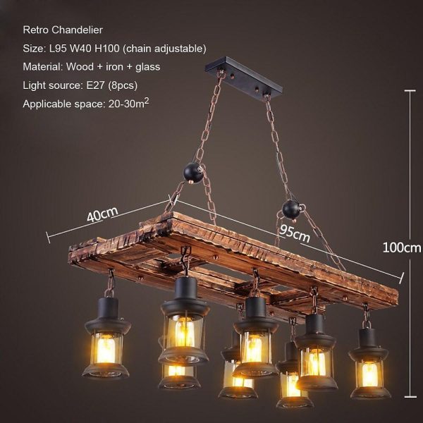 8-light Vintage Wood Glass Lantern LED Farmhouse Chandeliers Hanging Lamp - Image 4