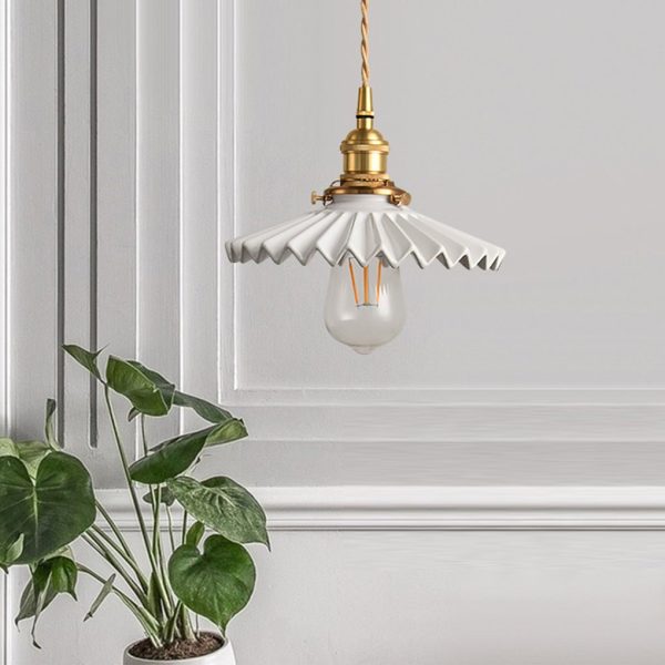 Nordic Vintage Ceramic Pleated Design Brass LED Pendent Lighting for Bedside Dining-table - Image 3