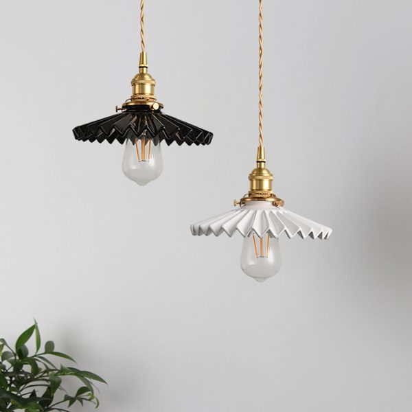Nordic Vintage Ceramic Pleated Design Brass LED Pendent Lighting for Bedside Dining-table - Image 2