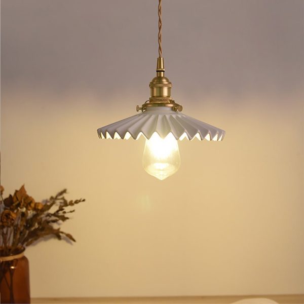 Nordic Vintage Ceramic Pleated Design Brass LED Pendent Lighting for Bedside Dining-table - Image 4