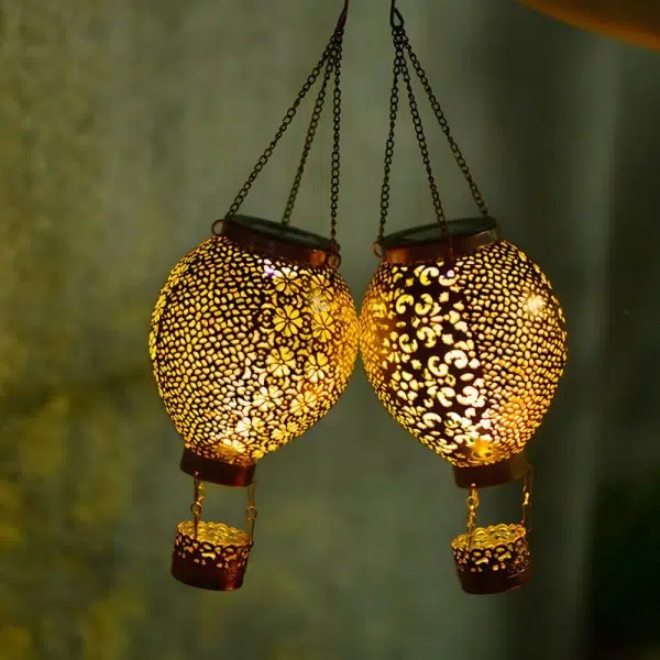 Portable Cast Iron Hot Air Balloon Solar Lanterns Hanging Solar Light Hollow Outdoor Decor Garden Light - Image 2
