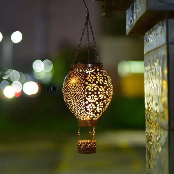 Portable Cast Iron Hot Air Balloon Solar Lanterns Hanging Solar Light Hollow Outdoor Decor Garden Light