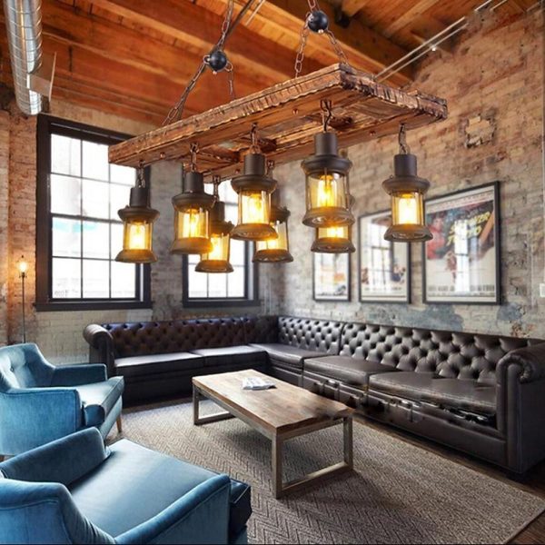 8-light Vintage Wood Glass Lantern LED Farmhouse Chandeliers Hanging Lamp - Image 2