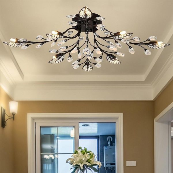 Vintage Crystal Branches Leaf Semi-Flush Mount Chandelier | 8-Light LED, 31.19'' Wide, Antique Brass - Image 2