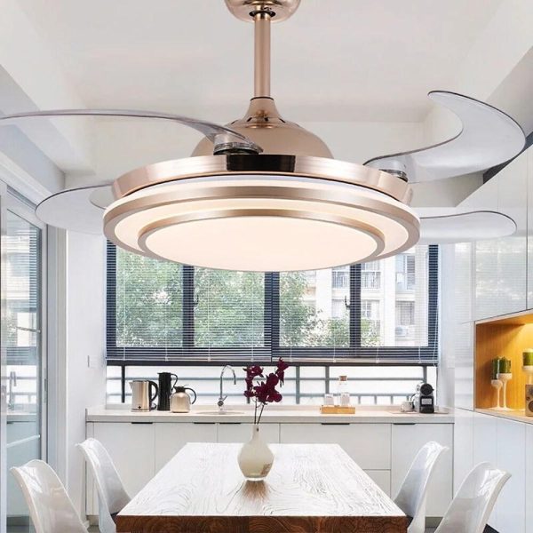 4 Blade Gold Finish Chandelier Retractable Ceiling Fan With LED Light - Image 2