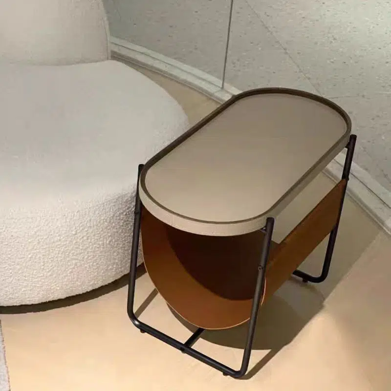 001-f49ea5d9-7707-4450-859b-6128f1ea75ed.jpg Contemporary Creative Side Oval Iron Leather Side Table 2-Tier For Living Room - Image 1