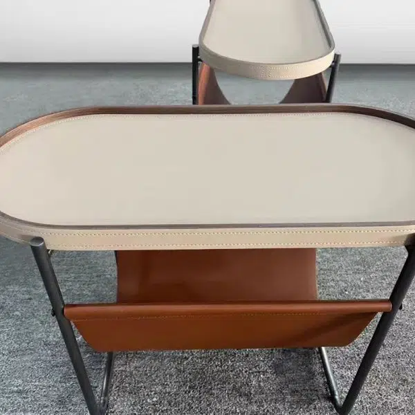 Contemporary Creative Side Oval Iron Leather Side Table 2-Tier For Living Room - Image 2