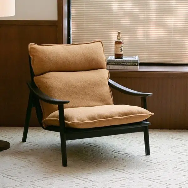 Contemporary Retro Rectangular Curved Upholstered Wood Lambswool Fabric Accent Chair Backrest Armrest For Living Room - Image 3