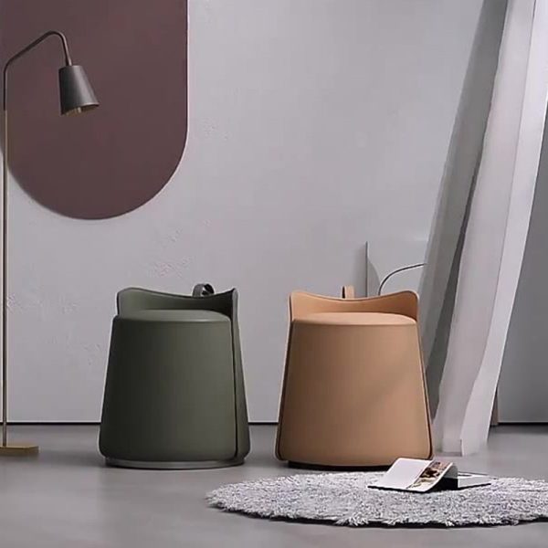 Contemporary Nordic Round Cylinder Leather Wood Vanity Stool Low Backrest For Bedroom - Image 23