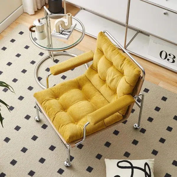 Contemporary Nordic Rectangular Checkered Upholstered Corduroy Leather Stainless Steel Accent Chair For Living Room - Image 12