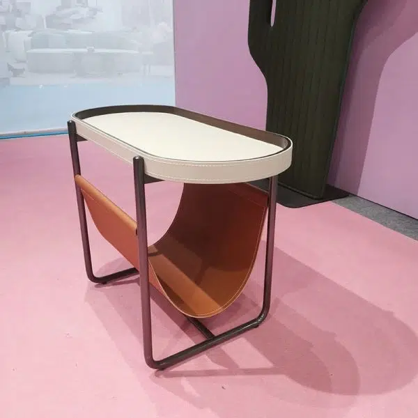 Contemporary Creative Side Oval Iron Leather Side Table 2-Tier For Living Room - Image 3