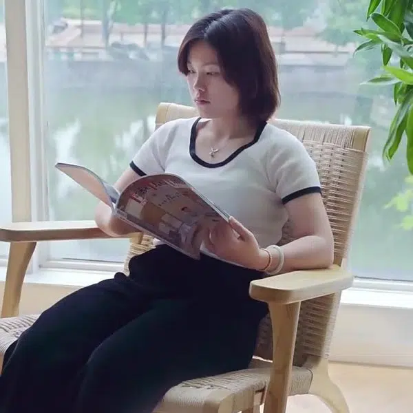 Contemporary Scandinavian Rectangular Wood Rattan Chair Backrest Armrest For Living Room - Image 3