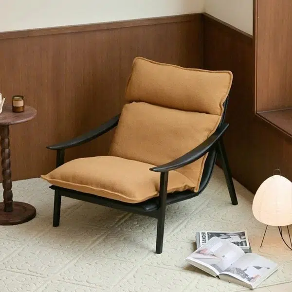 Contemporary Retro Rectangular Curved Upholstered Wood Lambswool Fabric Accent Chair Backrest Armrest For Living Room - Image 2