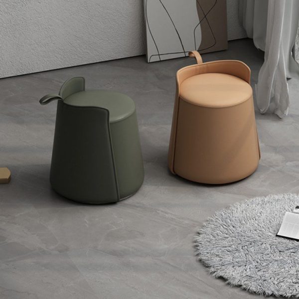 Contemporary Nordic Round Cylinder Leather Wood Vanity Stool Low Backrest For Bedroom - Image 24