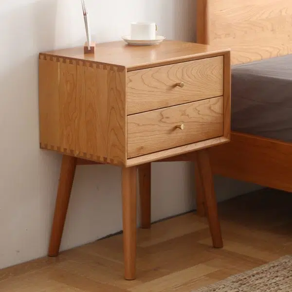 Contemporary Nordic Square Solid Wood Nightstand 2-Drawer For Bedroom - Image 2
