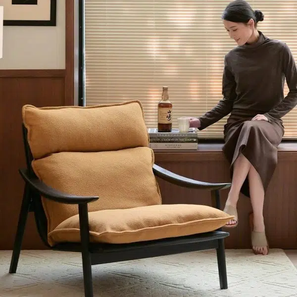 Contemporary Retro Rectangular Curved Upholstered Wood Lambswool Fabric Accent Chair Backrest Armrest For Living Room - Image 14