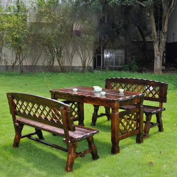 Contemporary Retro Fir Rectangular Lattice Outdoor Coffee Table & Chair Set For Outdoor Patio - Image 4