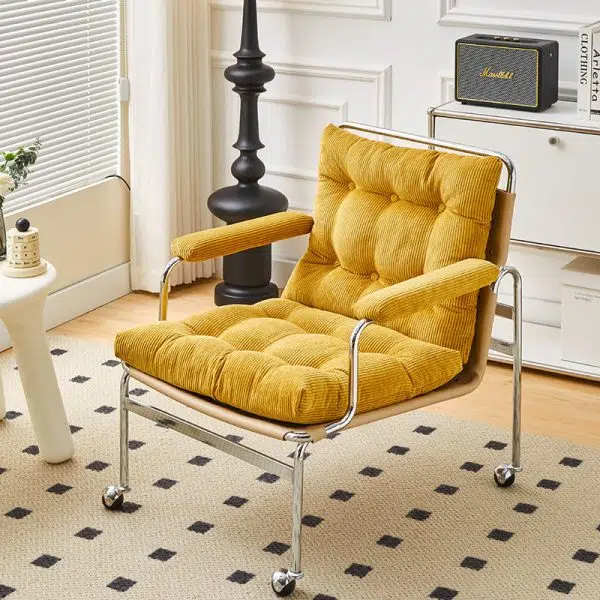 Contemporary Nordic Rectangular Checkered Upholstered Corduroy Leather Stainless Steel Accent Chair For Living Room - Image 13