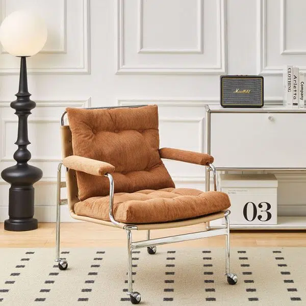 Contemporary Nordic Rectangular Checkered Upholstered Corduroy Leather Stainless Steel Accent Chair For Living Room - Image 14