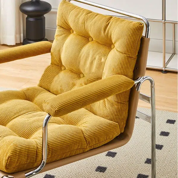 Contemporary Nordic Rectangular Checkered Upholstered Corduroy Leather Stainless Steel Accent Chair For Living Room - Image 9