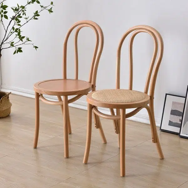 Traditional Vintage Round Wood Rattan Chair Backrest Armless For Living Room - Image 8
