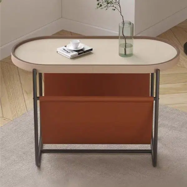 Contemporary Creative Side Oval Iron Leather Side Table 2-Tier For Living Room - Image 8