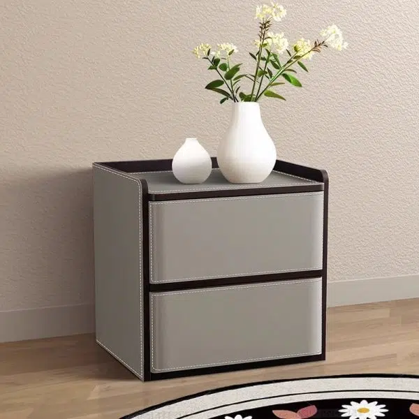 Contemporary Nordic Rectangular Leather Wood Nightstand 2-Drawer For Bedroom - Image 18