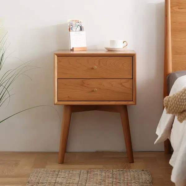 Contemporary Nordic Square Solid Wood Nightstand 2-Drawer For Bedroom - Image 11