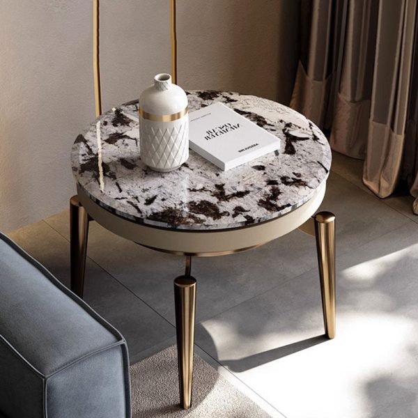Contemporary Luxury Round Marble Stainless Steel End Table 1-Tier For Living Room - Image 3