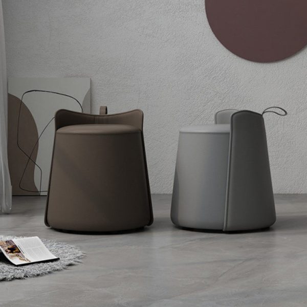 Contemporary Nordic Round Cylinder Leather Wood Vanity Stool Low Backrest For Bedroom - Image 25