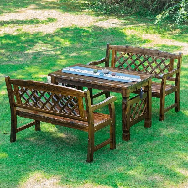 Contemporary Retro Fir Rectangular Lattice Outdoor Coffee Table & Chair Set For Outdoor Patio - Image 3